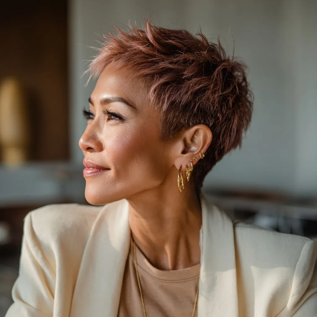 Chic Soft Spiky Pixie with Subtle Rose Tones