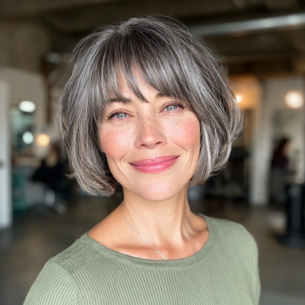 Chic Softly Layered Grey Bob with Face-Framing Bangs