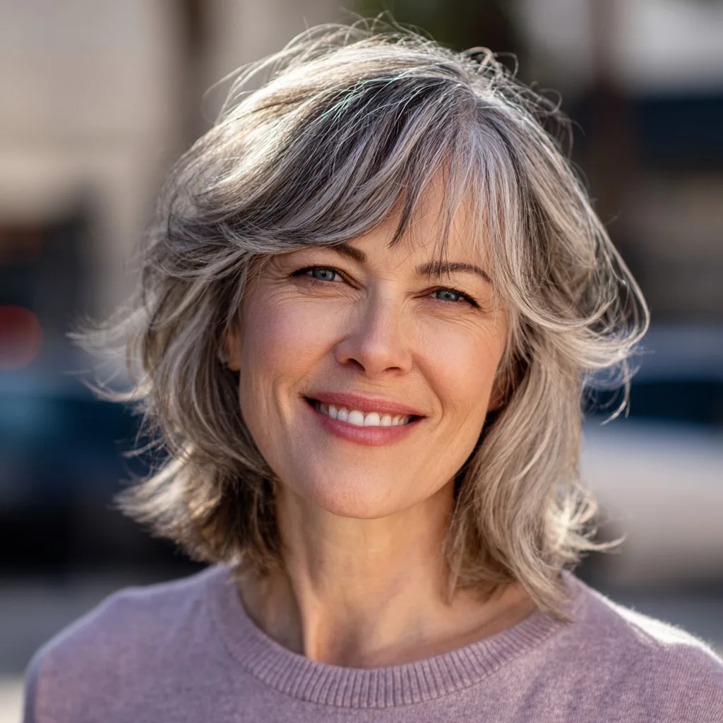 Chic Softly Layered Grey Cut with Face-Framing Bangs