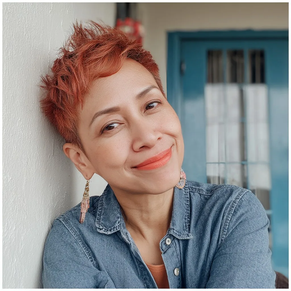 Chic Spiky Pixie Cut with Warm Copper Highlights