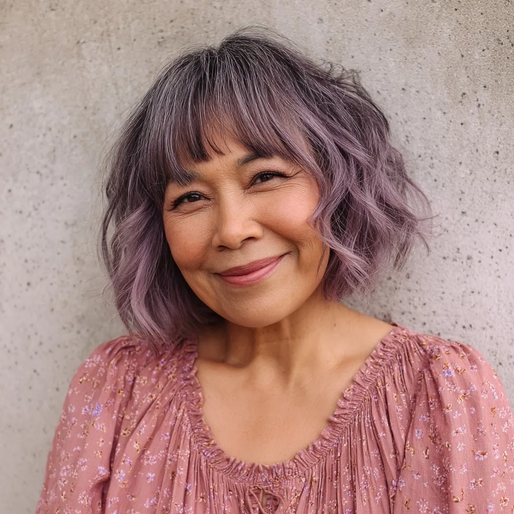 Chic Textured Bob with Playful Lavender Highlights