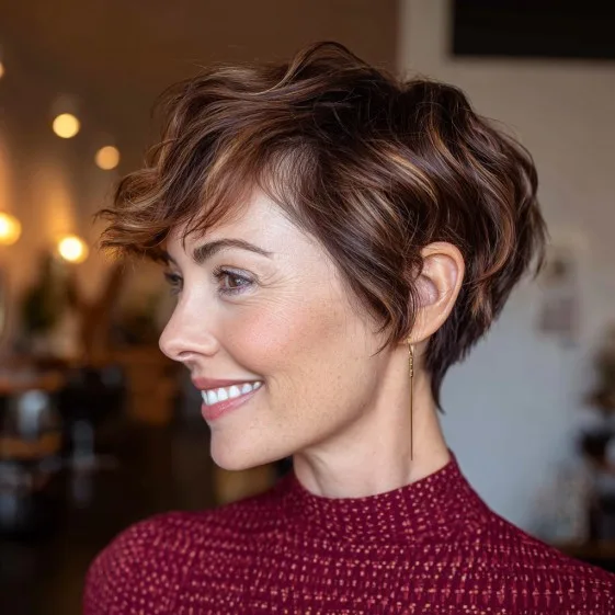 Chic Textured Brunette Pixie with Playful Curls