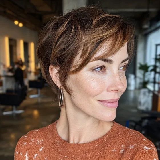 Chic Textured Brunette Pixie with Subtle Highlights