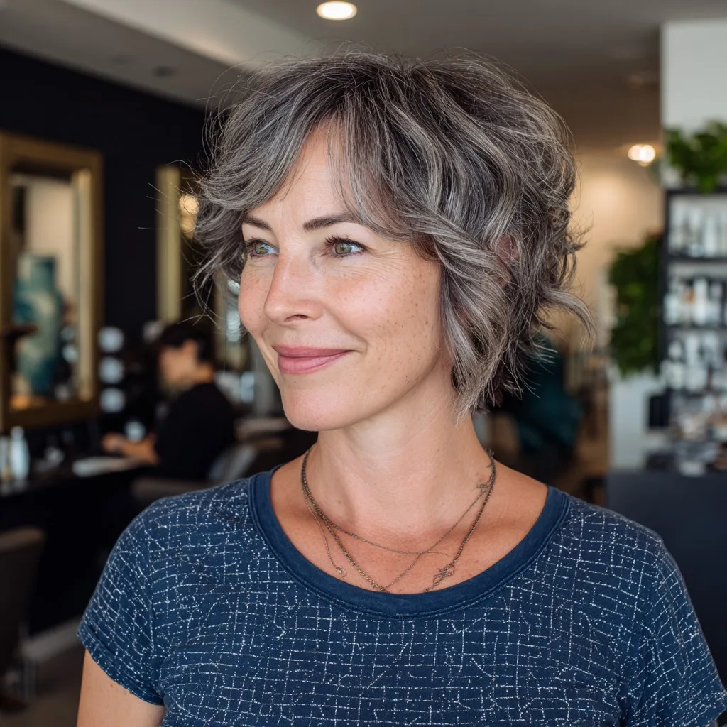Chic Textured Curly Cut with Subtle Grey Highlights