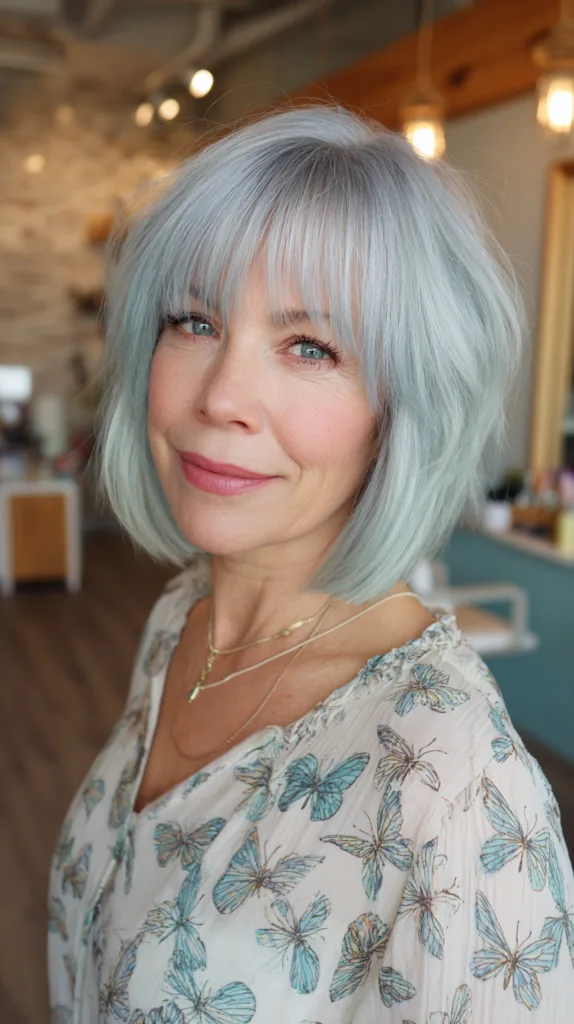 Chic Textured Ice Blue Bob with Soft Bangs