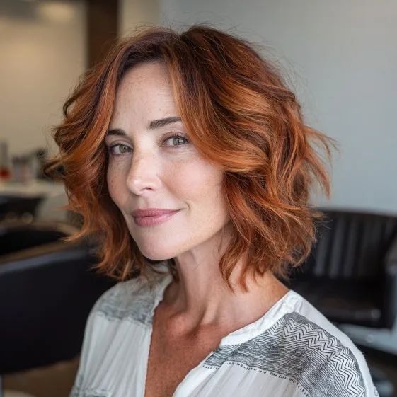Chic Textured Lob with Warm Auburn Tones