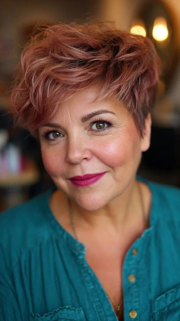 Chic Textured Rose Gold Pixie with Effortless Volume
