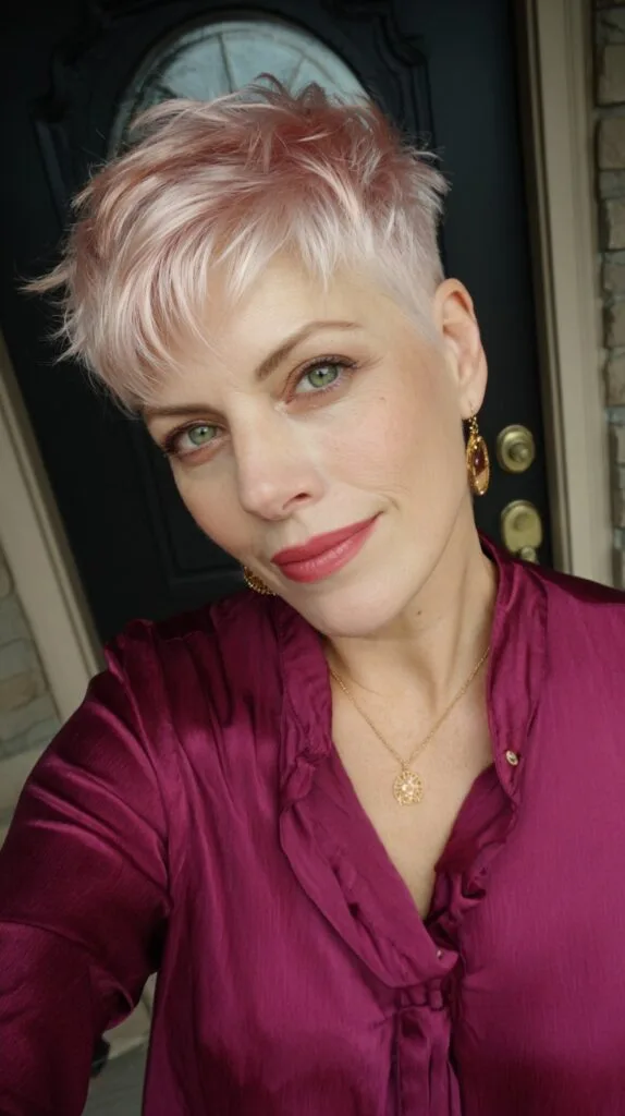 Chic Textured Rose Gold Pixie with Playful Volume