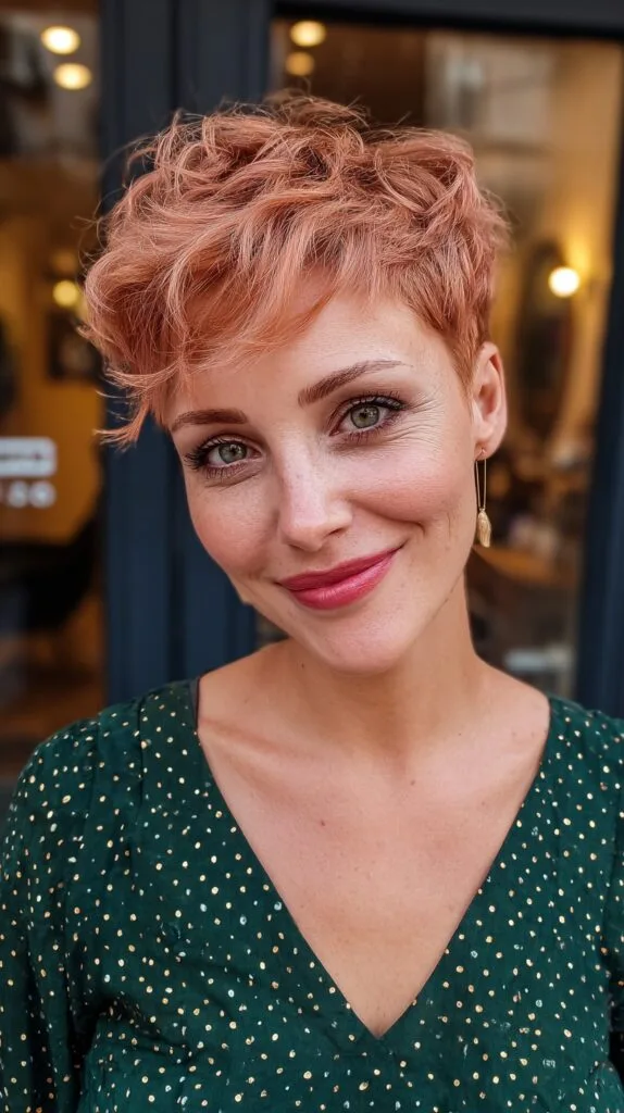 Chic Textured Rose Gold Pixie with Soft Curls