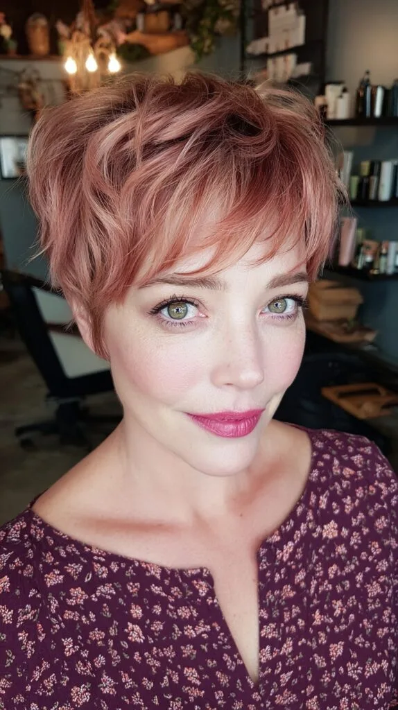 Chic Textured Rose Gold Pixie with Subtle Layers