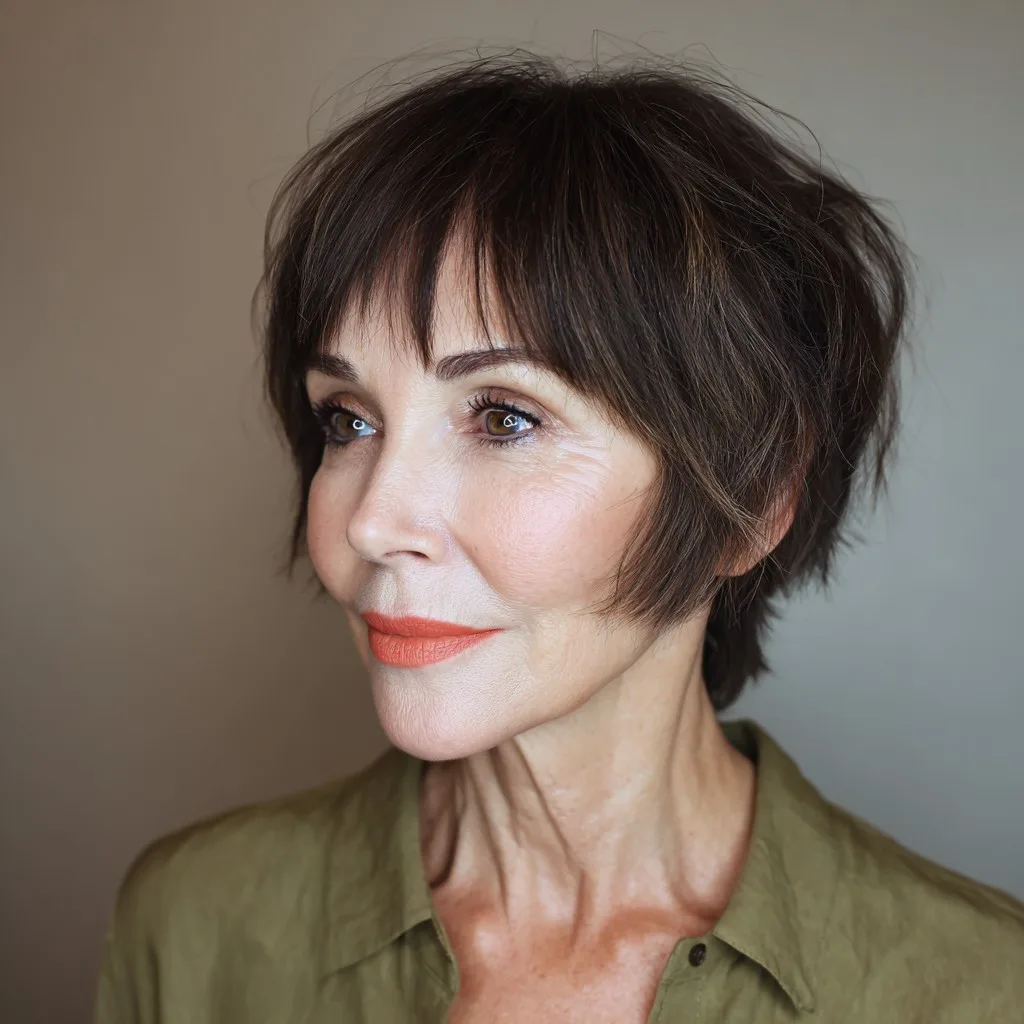 Chic Textured Short Brown Cut with Soft Bangs