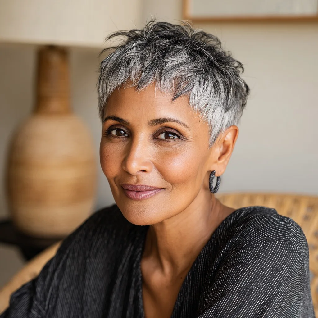 Chic Textured Short Cut with Salt and Pepper Highlights