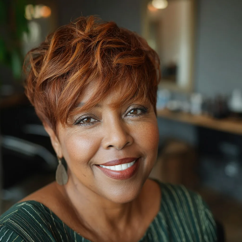 Chic Textured Short Pixie Cut with Warm Highlights