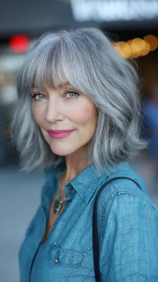 Chic Textured Silver Shaggy Bob with Soft Bangs