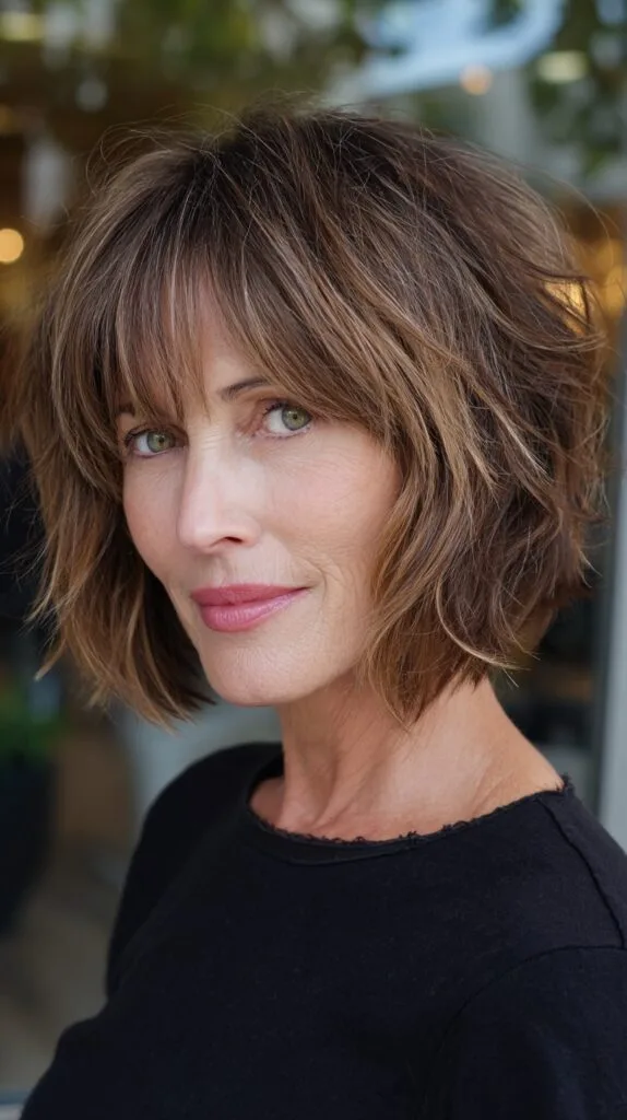 Chic Textured Tawny Bob with Layered Bangs