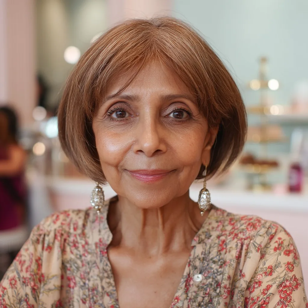 Chic Warm Brown Bob with Bangs for Mature Elegance