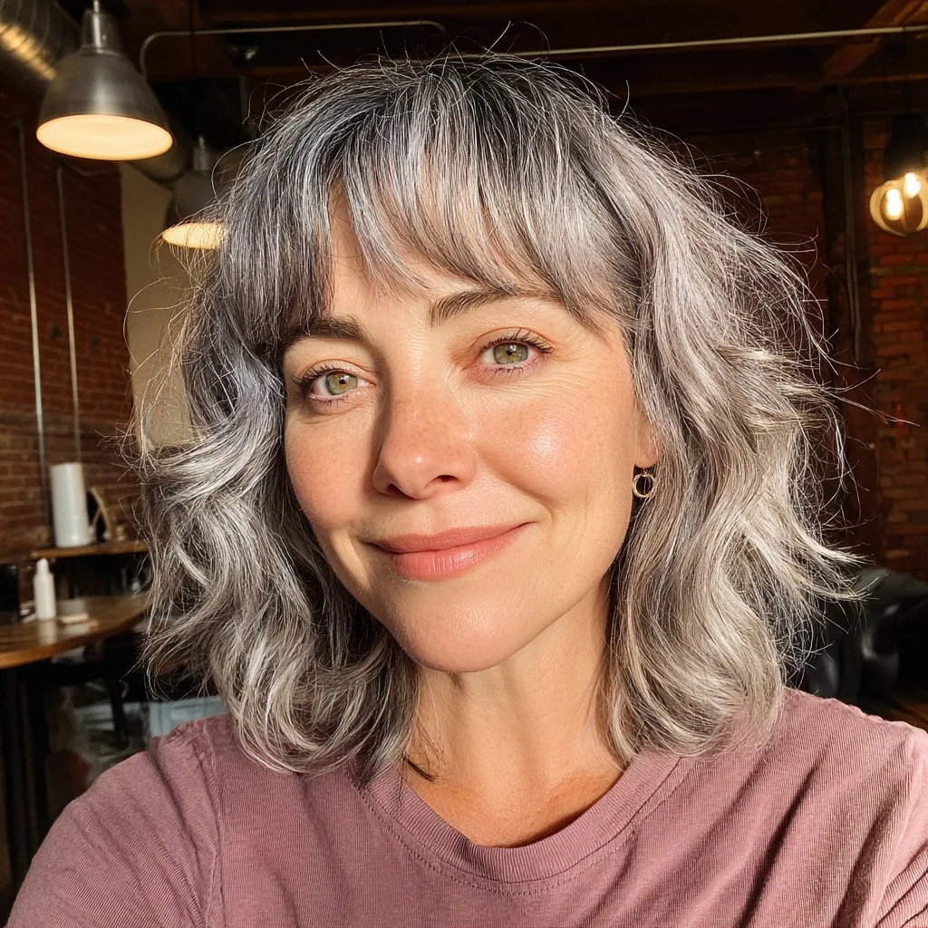 Chic Wavy Grey Bob with Soft Bangs