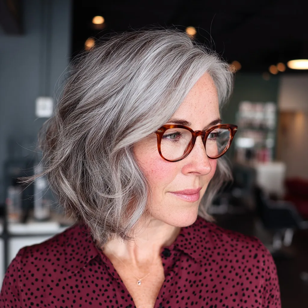 Chic Wavy Salt and Pepper Lob with Textured Layers