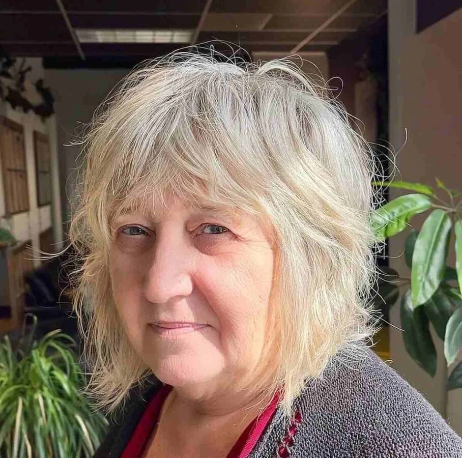 Chic White Shaggy Bob with Fringe for Women Over 70 with Fine Hair
