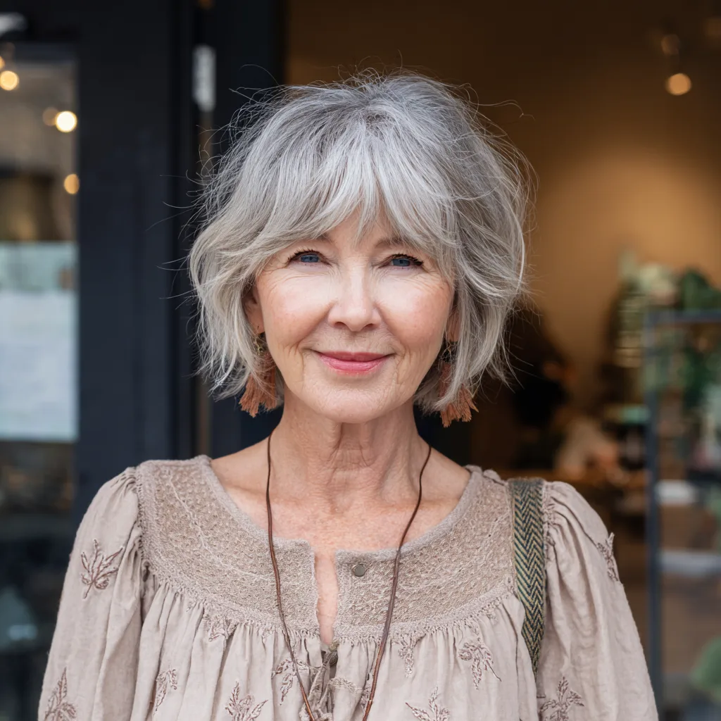 Chic Wispy Silver Bob with Soft Layers
