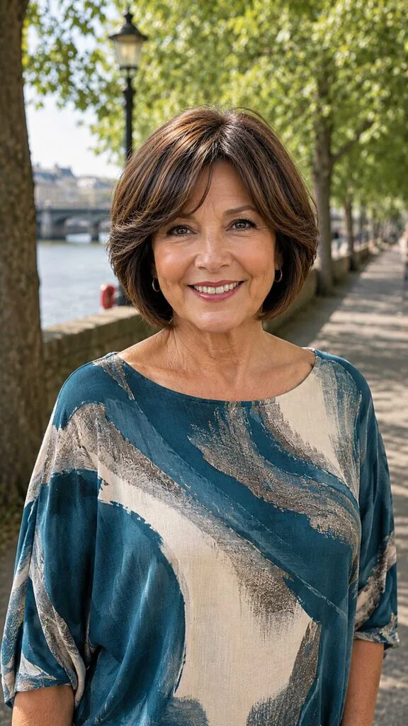 Chin-length brunette bob with subtle highlights and bangs