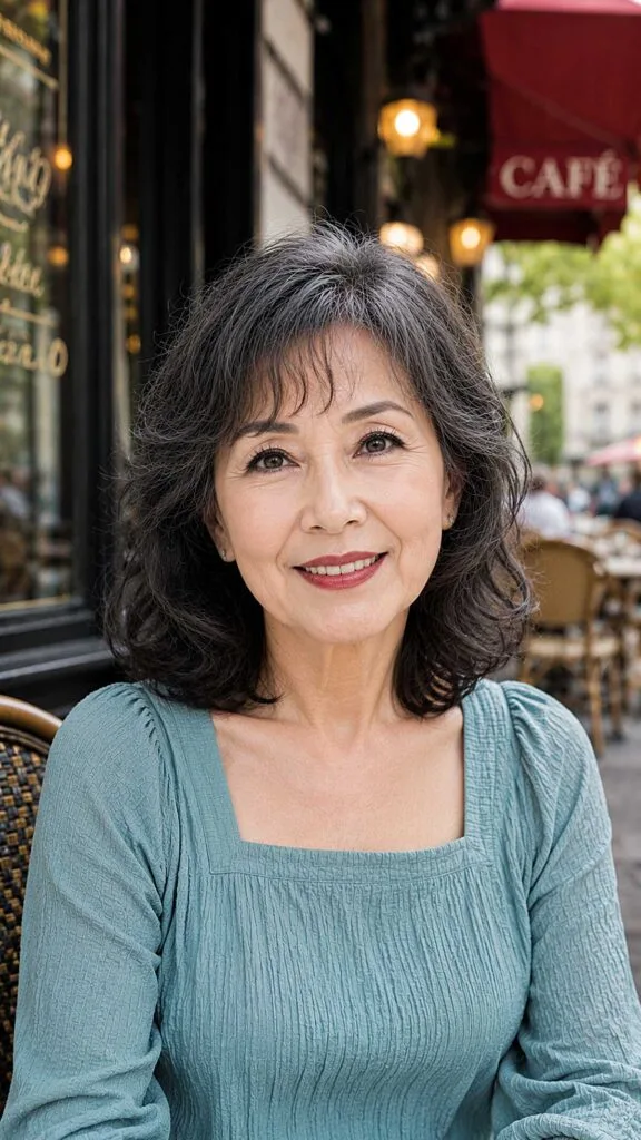 Chin-length dark wavy bob with natural silver streaks
