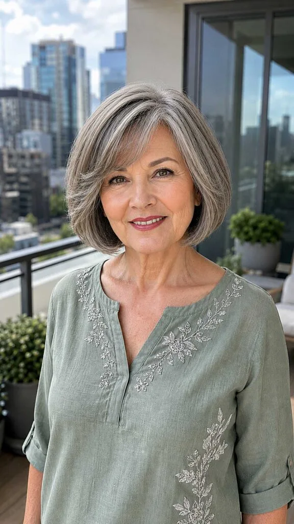 Chin-length gray bob with silver blend and side bangs