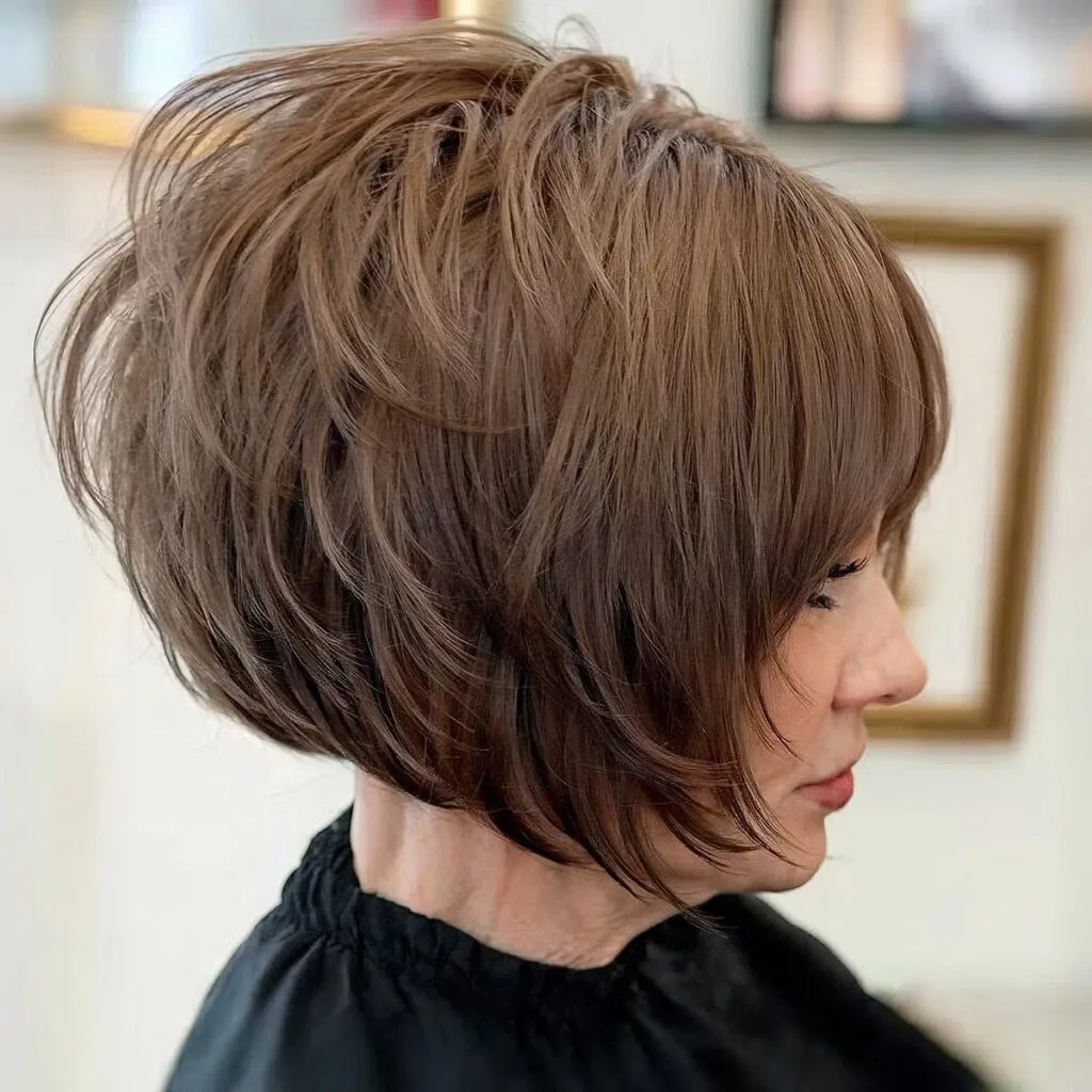 Chin-length inverted bob with layers for fifty year old women