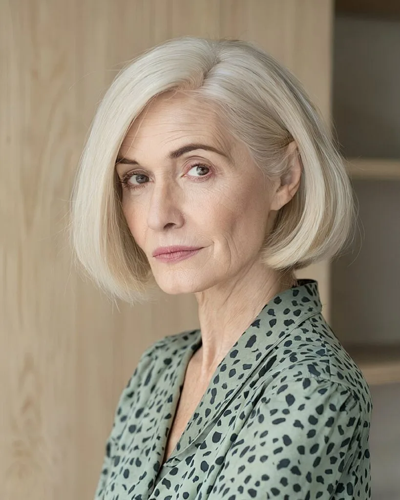 Chin length sleek bob for thick straight hair over 50 with side part