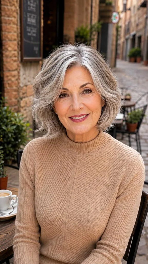Chin-length wavy silver bob with natural movement