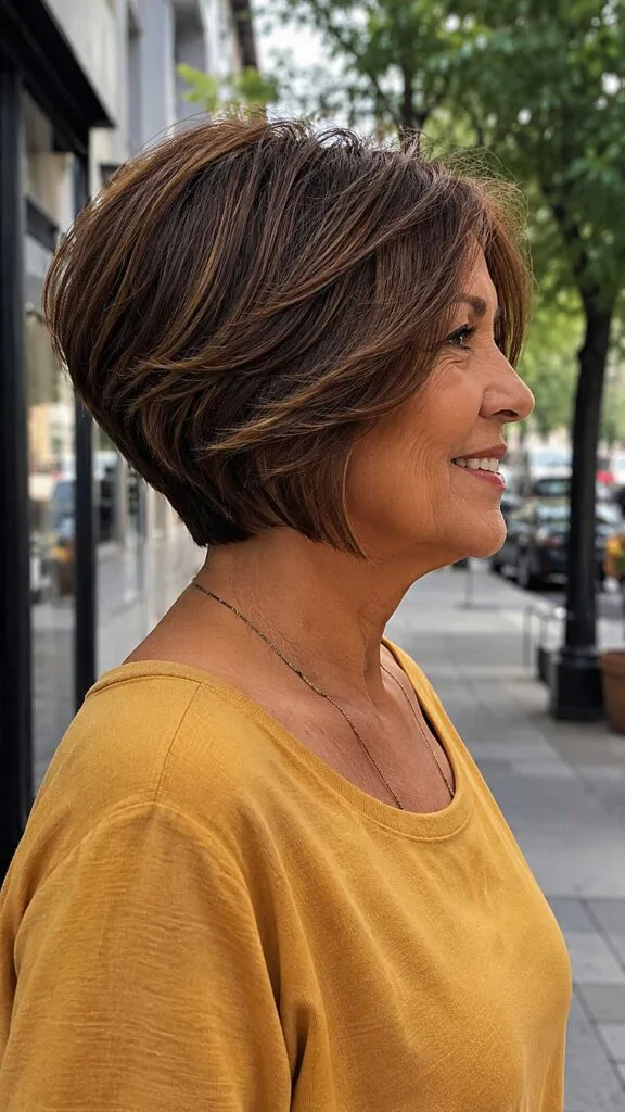Chocolate brown angled bob with honey balayage layers