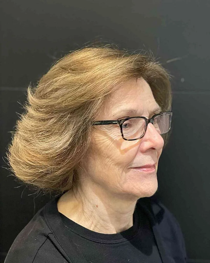 Choppy Feathered Short Neck-Length Bob on Older Ladies Wearing Specs