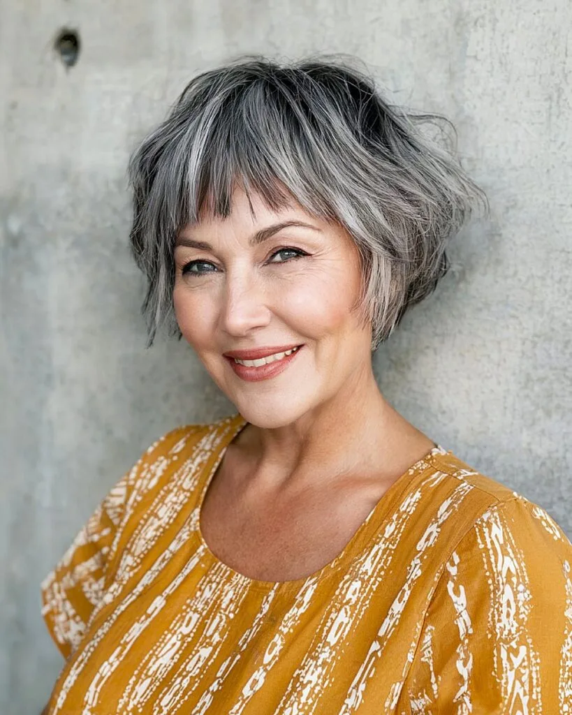 Choppy pixie bob with micro bangs for thick salt-and-pepper hair on older women