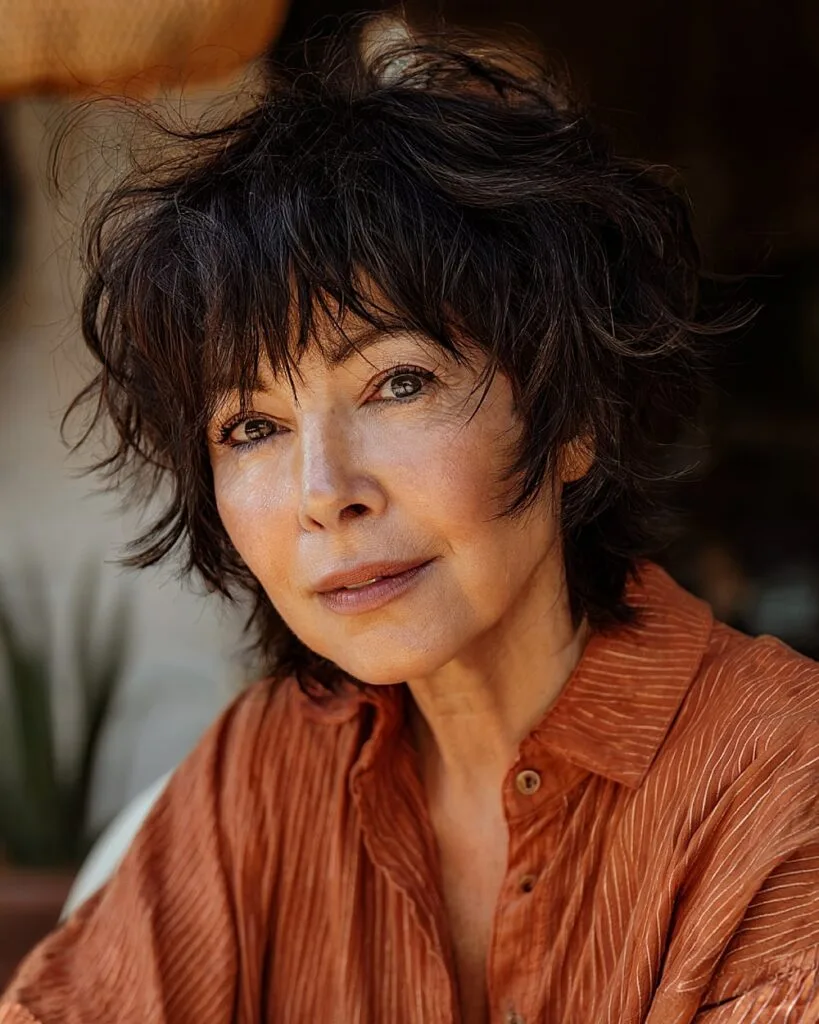 Choppy shag haircut with bangs for frizzy thick hair over 50