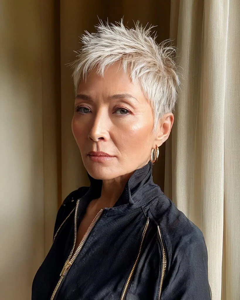 Choppy spiky pixie cut with edgy texture for women over 50
