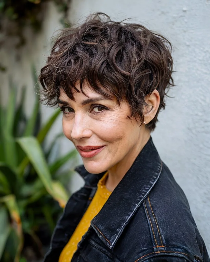 Choppy wavy pixie cut with messy texture and dark brunette color for women over 50