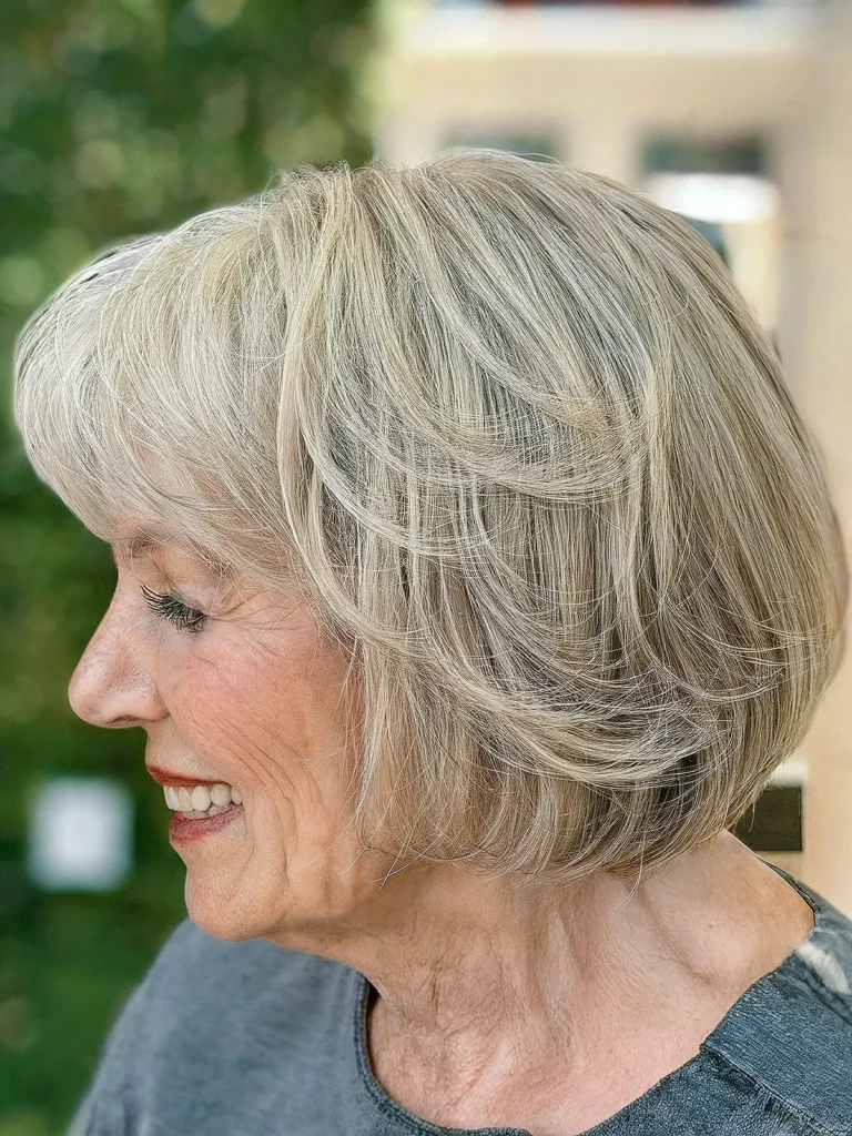 Classic Bob with Bangs in Salt-and-Pepper for ladies over seventy