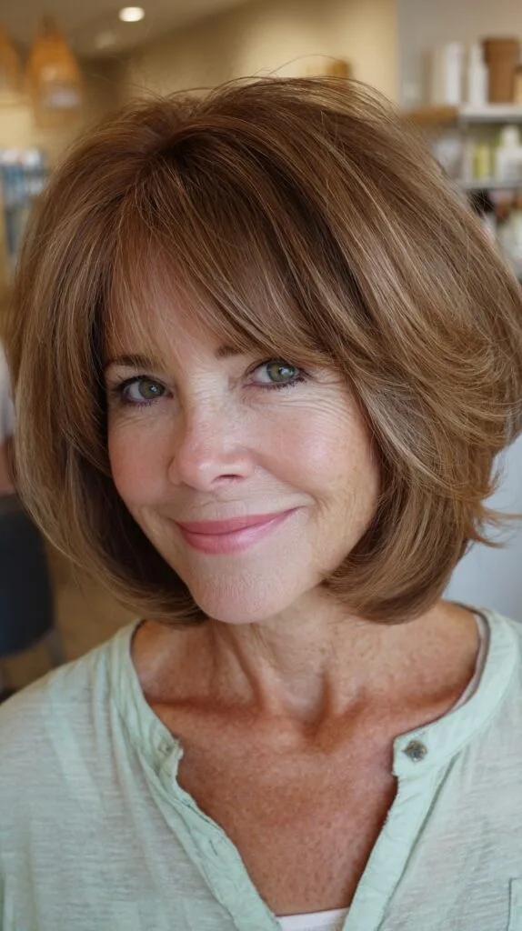 Classic Chestnut Layered Bob with Voluminous Bangs