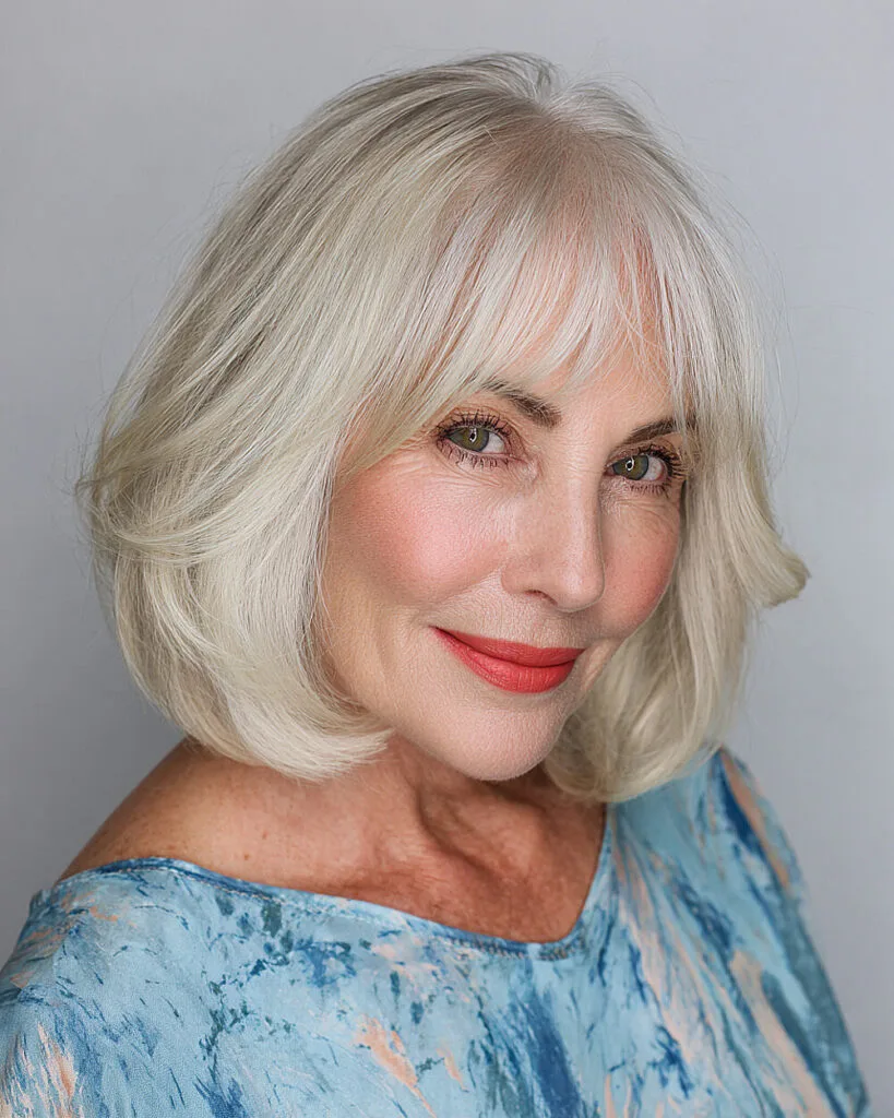 Classic feathered lob with wispy bangs on fine white hair, ideal for women over 60 wanting soft volume and shape