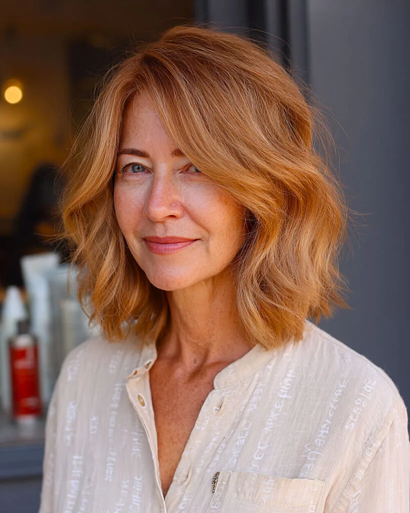 Collarbone-length wavy long bob for women over 50 in warm coppery tones with light layers