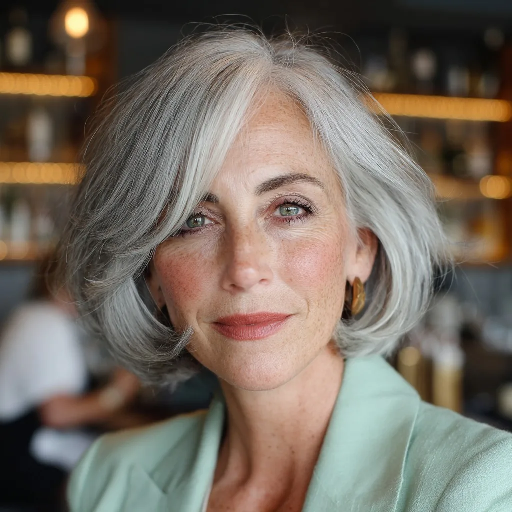 Contemporary Silver Bob with Side-Swept Bangs