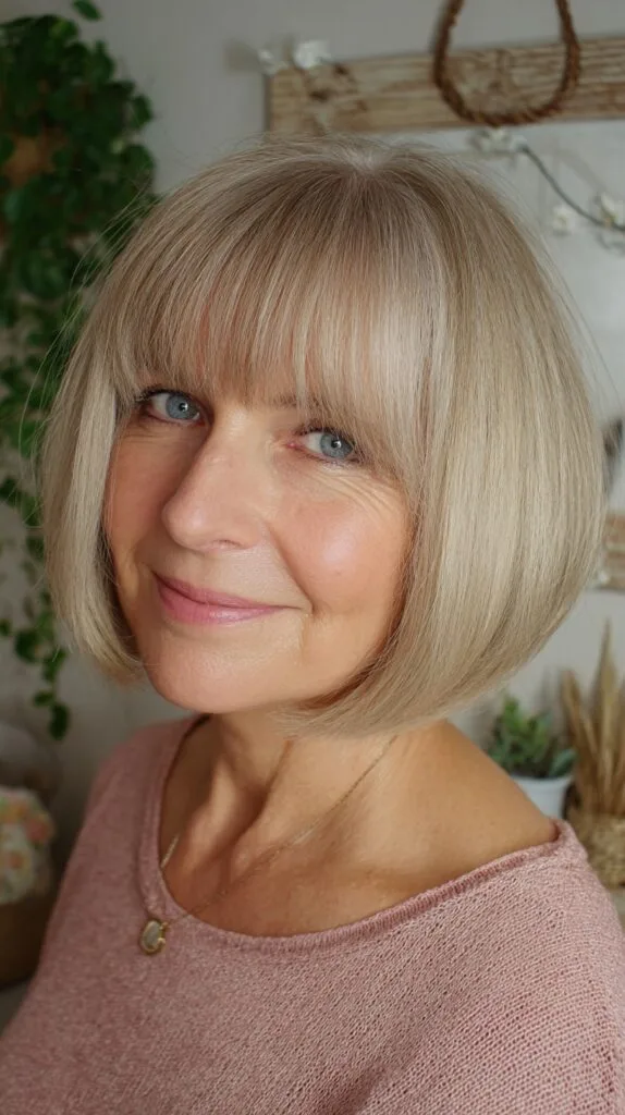 Cool Ash-Beige Chin-Length Bob with Blunt Micro-Textured Bangs