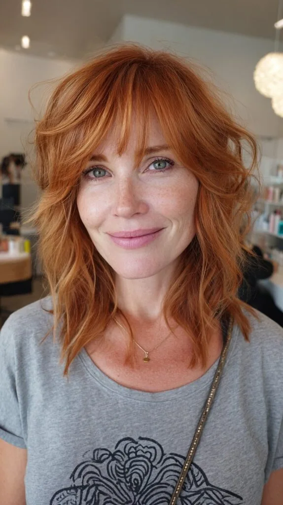Copper Feathered Medium Shag with Soft Curtain Micro-Bangs