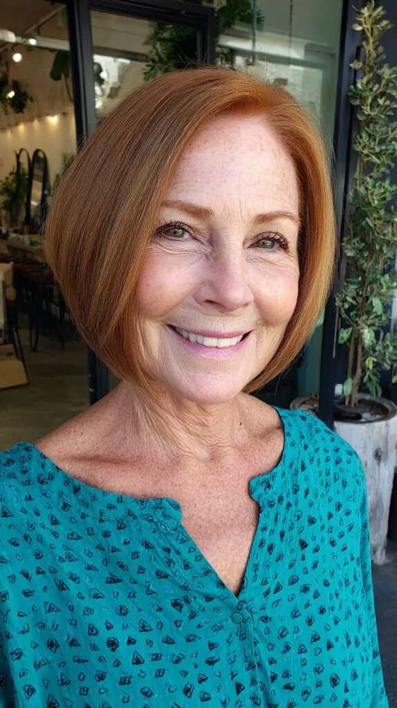 Copper Rounded Chin-Length Bob with Subtle Under-Stack and Side Sweep