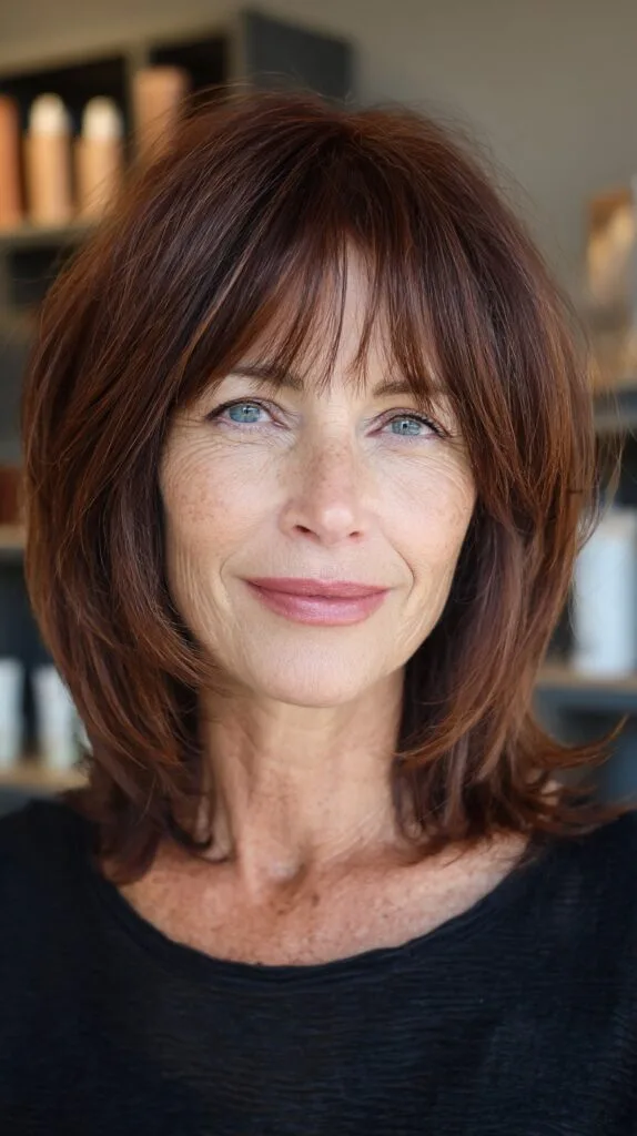 Copper Toned Layered Bob with Wispy Bangs
