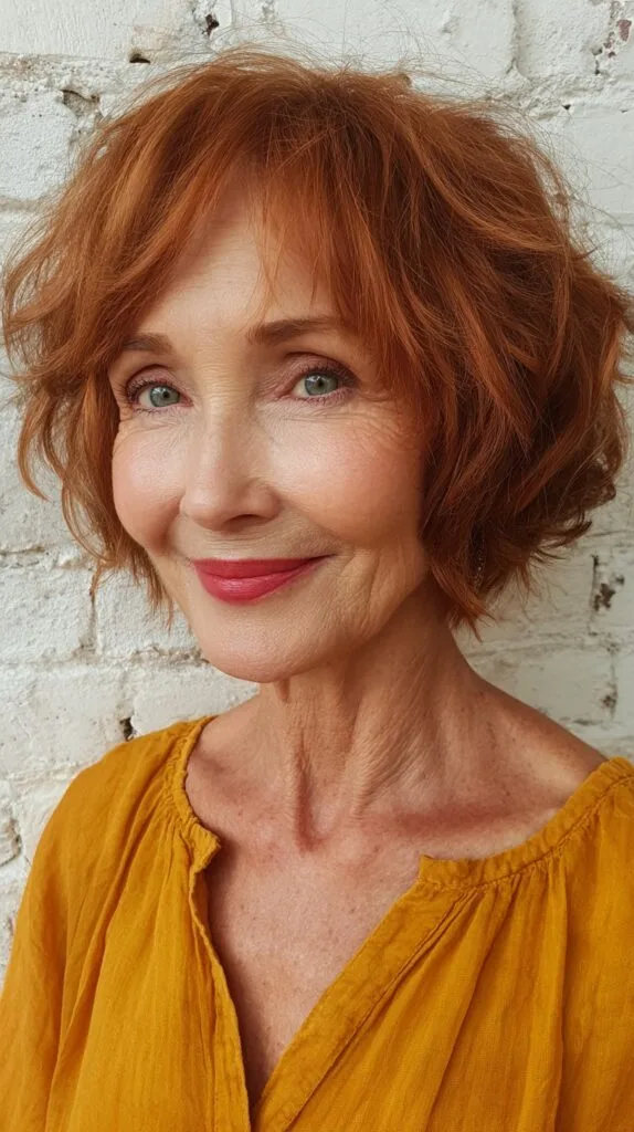 Copper Tousled Layered Bob for Mature Fine Hair
