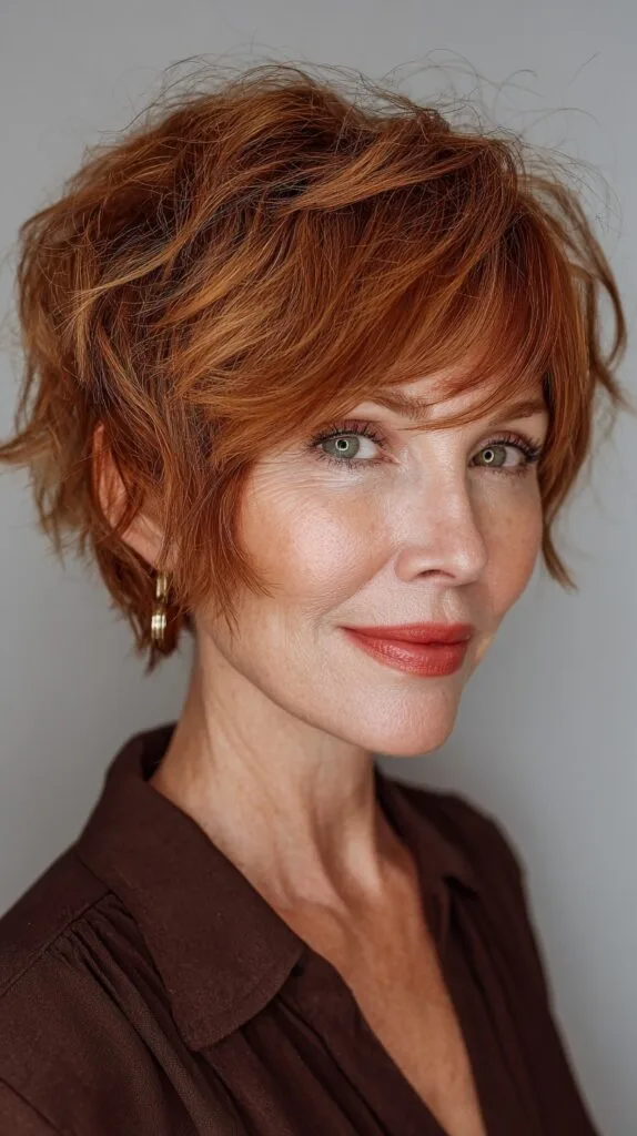 Copper Tousled Layered Bob with Side-Swept Bangs