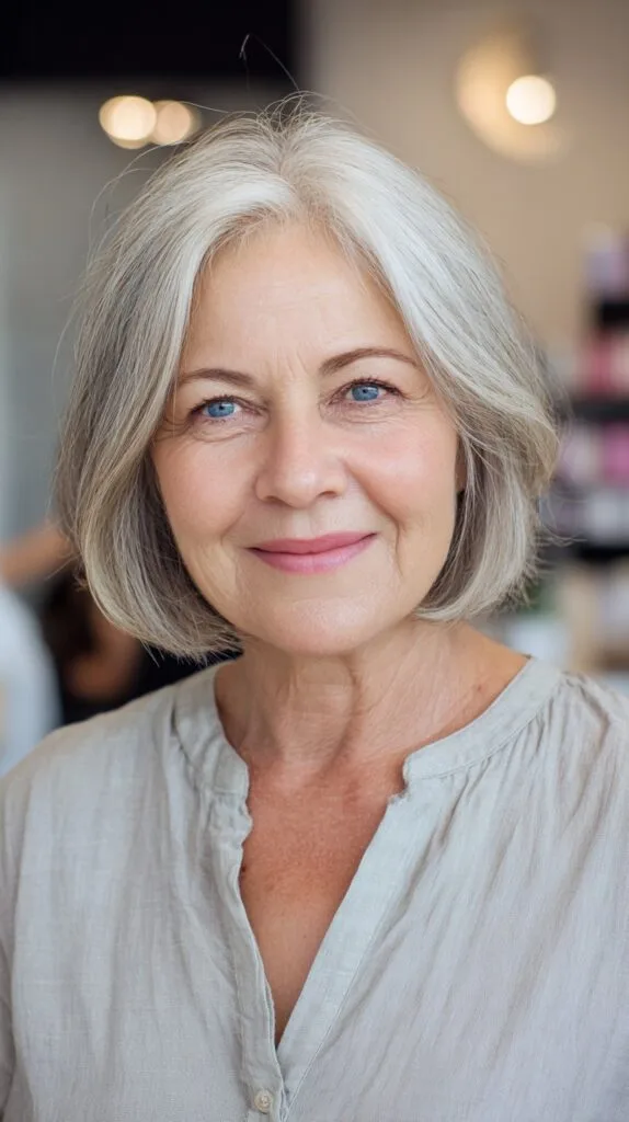 Creamy Silver Blunt Lob with Natural Root Shadow