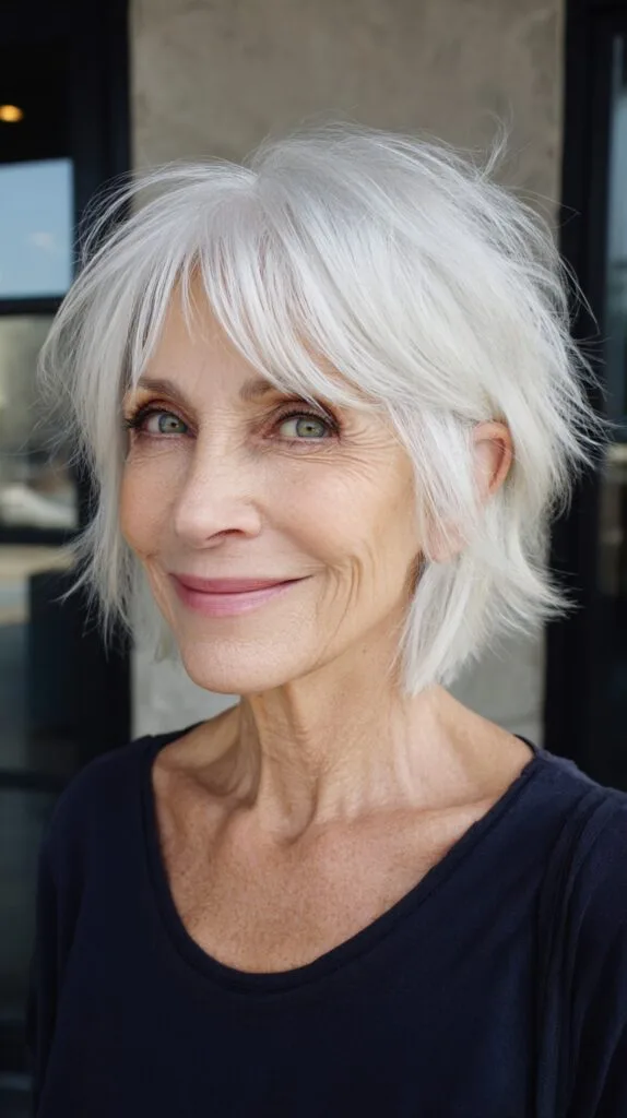 Crisp Silver Razored Shag with Curtain Fringe