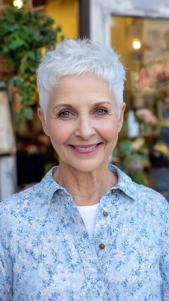 Crisp Silver Textured Pixie with Feathered Fringe